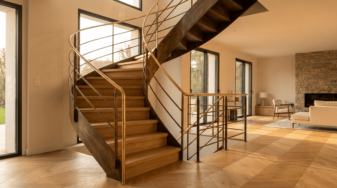 Escalier acier S235JR limon central patine bronze + marches chêne massif point de Hongrie + main courante laiton — Chilly-Mazarin (Essonne 91, maison rénovée) — AZ Construction Bruyères-sur-Oise — DTU 36.3