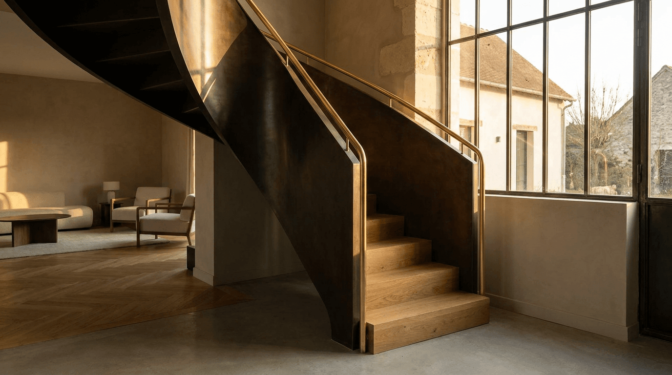 Escalier acier S235JR limon central patine bronze + marches chêne massif point de Hongrie + main courante laiton — Brétigny-sur-Orge (Essonne 91, maison rénovée) — AZ Construction Bruyères-sur-Oise — DTU 36.3