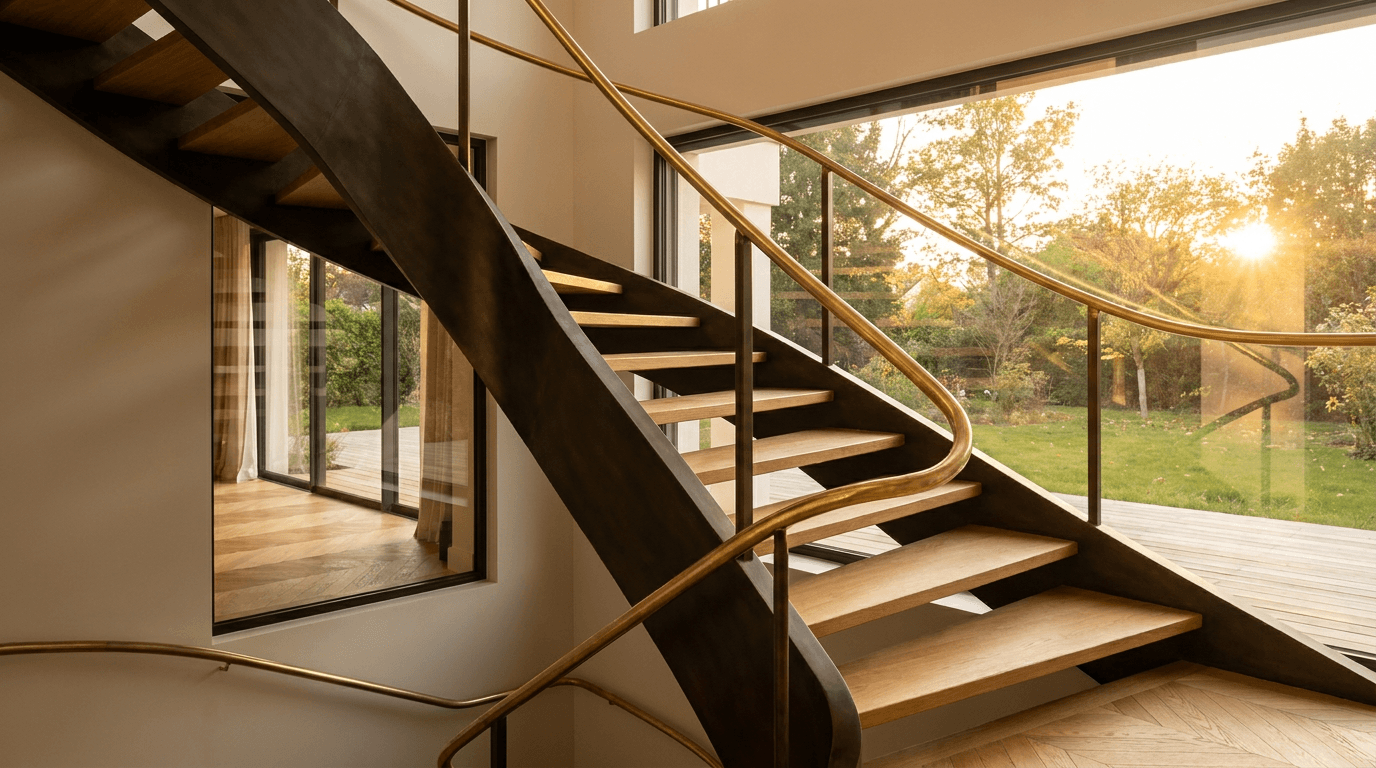 Escalier acier S235JR limon central patine bronze + marches chêne massif point de Hongrie + main courante laiton — Bures-sur-Yvette (Essonne 91, villa Paris-Sud) — AZ Construction Bruyères-sur-Oise — DTU 36.3