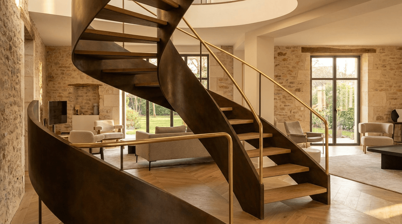 Escalier acier S235JR limon central patine bronze + marches chêne massif point de Hongrie + main courante laiton — Arpajon (Essonne 91, maison de ville rénovée) — AZ Construction Bruyères-sur-Oise — DTU 36.3