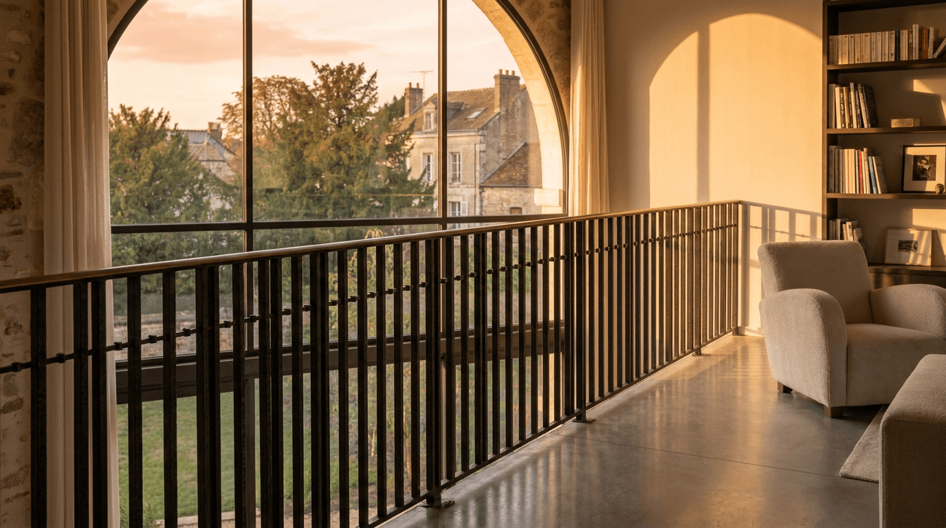 Garde-corps acier S235JR T 40×40 picots + main courante laiton patine bronze — Achères (Yvelines 78, maison rénovée) — AZ Construction Bruyères-sur-Oise — NF P01-012