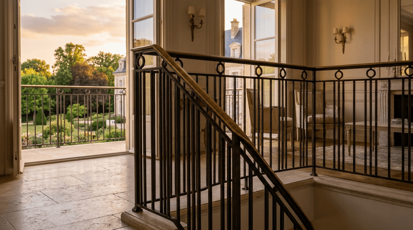 Garde-corps acier S235JR T 40×40 picots + main courante laiton patine bronze — Buc (Yvelines 78, villa proche Versailles) — AZ Construction Bruyères-sur-Oise — NF P01-012