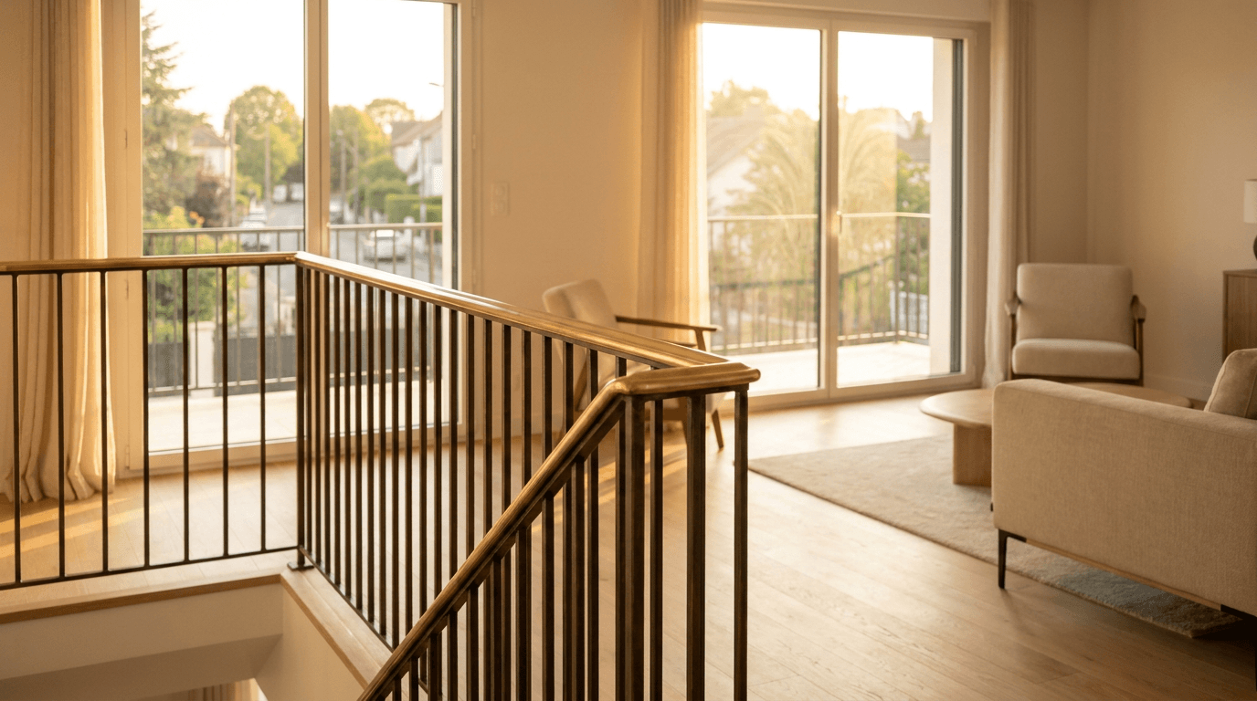 Garde-corps acier S235JR T 40×40 picots + main courante laiton patine bronze — Colombes (Hauts-de-Seine 92, maison rénovée) — AZ Construction Bruyères-sur-Oise — NF P01-012
