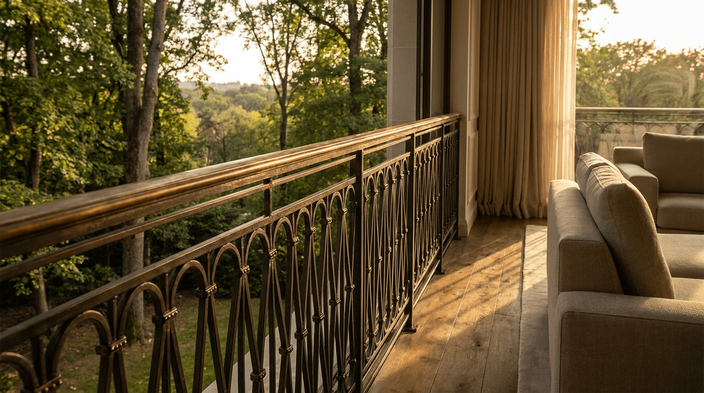 Garde-corps acier S235JR T 40×40 picots + main courante laiton patine bronze — Meudon (Hauts-de-Seine 92, villa proche forêt Meudon) — AZ Construction Bruyères-sur-Oise — NF P01-012