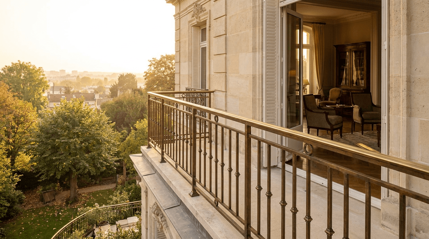 Garde-corps acier S235JR T 40×40 picots + main courante laiton patine bronze — Rueil-Malmaison (Hauts-de-Seine 92, villa prestigieuse) — AZ Construction Bruyères-sur-Oise — NF P01-012