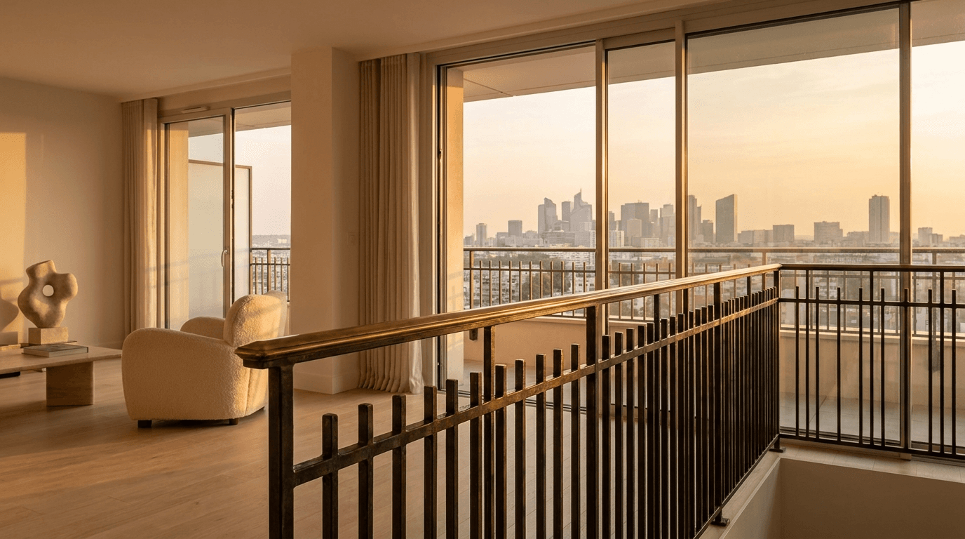 Garde-corps acier S235JR T 40×40 picots + main courante laiton patine bronze — Nanterre (Hauts-de-Seine 92, contemporain proche La Défense) — AZ Construction Bruyères-sur-Oise — NF P01-012