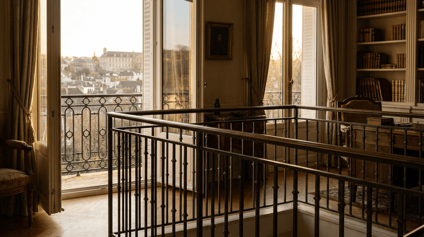 Garde-corps acier S235JR T 40×40 picots + main courante laiton patine bronze — Sèvres (Hauts-de-Seine 92, villa proche Manufacture) — AZ Construction Bruyères-sur-Oise — NF P01-012