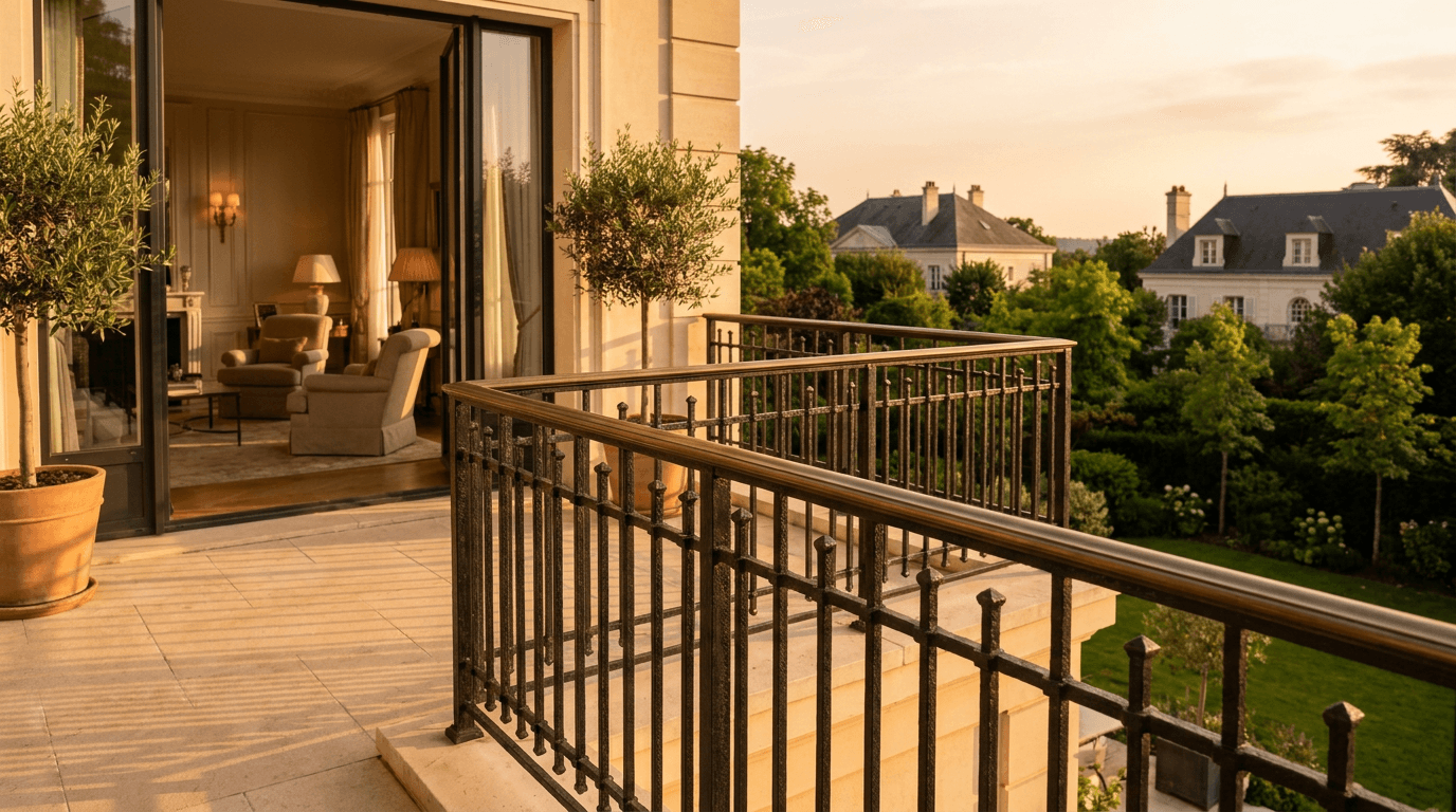 Garde-corps acier S235JR T 40×40 picots + main courante laiton patine bronze — Vaucresson (Hauts-de-Seine 92, villa prestigieuse) — AZ Construction Bruyères-sur-Oise — NF P01-012