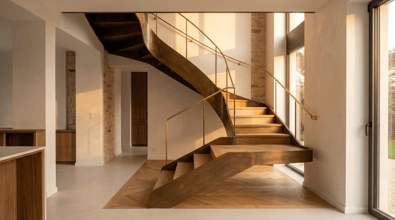 Escalier acier S235JR limon central patine bronze + marches chêne massif point de Hongrie + main courante laiton — Clamart (Hauts-de-Seine 92, maison rénovée) — AZ Construction Bruyères-sur-Oise — DTU 36.3