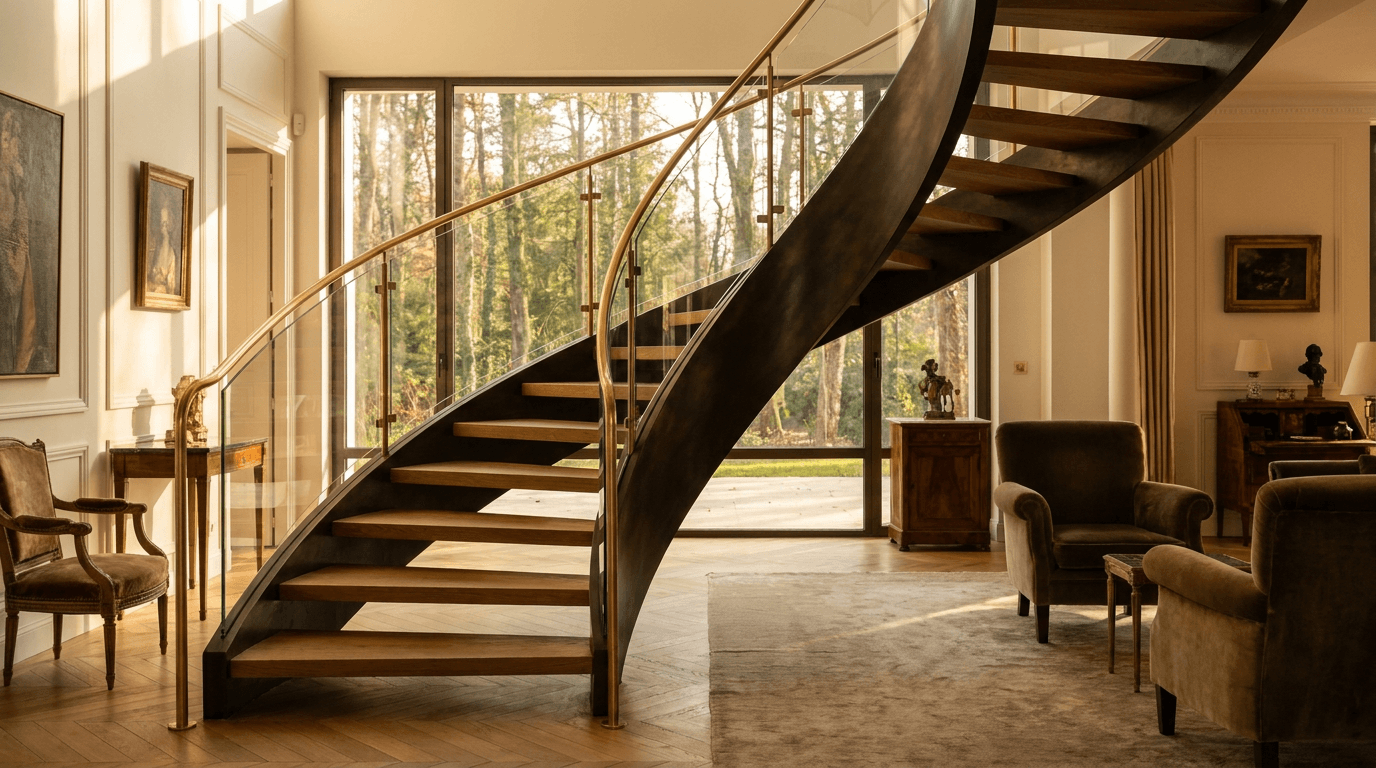 Escalier acier S235JR limon central patine bronze + marches chêne massif point de Hongrie + main courante laiton — Meudon (Hauts-de-Seine 92, villa forêt) — AZ Construction Bruyères-sur-Oise — DTU 36.3