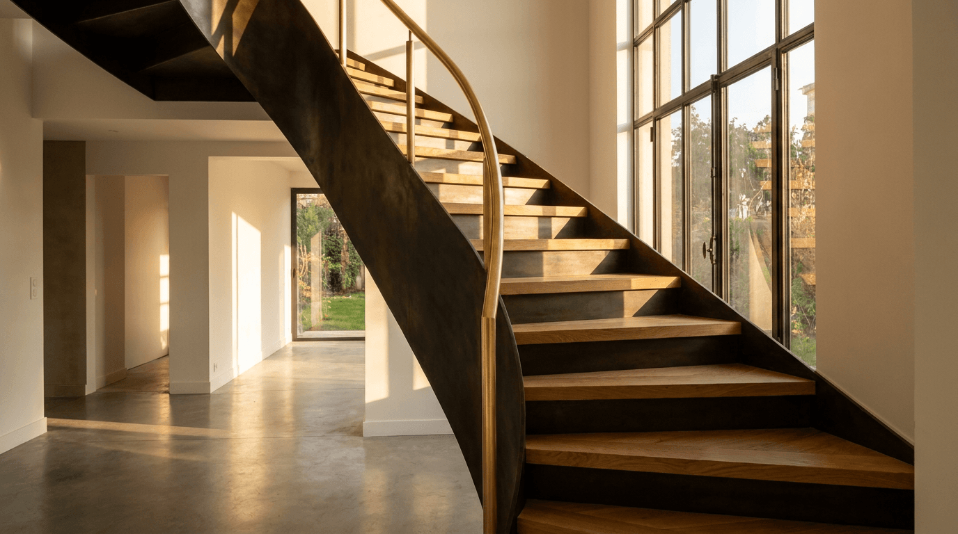 Escalier acier S235JR limon central patine bronze + marches chêne massif point de Hongrie + main courante laiton — Colombes (Hauts-de-Seine 92, maison rénovée) — AZ Construction Bruyères-sur-Oise — DTU 36.3
