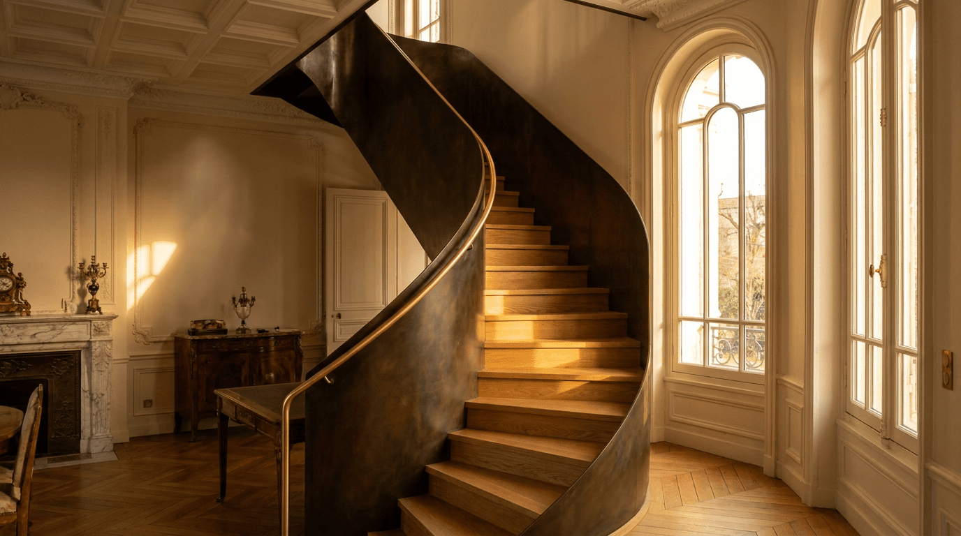Escalier acier S235JR limon central patine bronze + marches chêne massif point de Hongrie + main courante laiton — Bois-Colombes (Hauts-de-Seine 92, Belle Époque villa) — AZ Construction Bruyères-sur-Oise — DTU 36.3