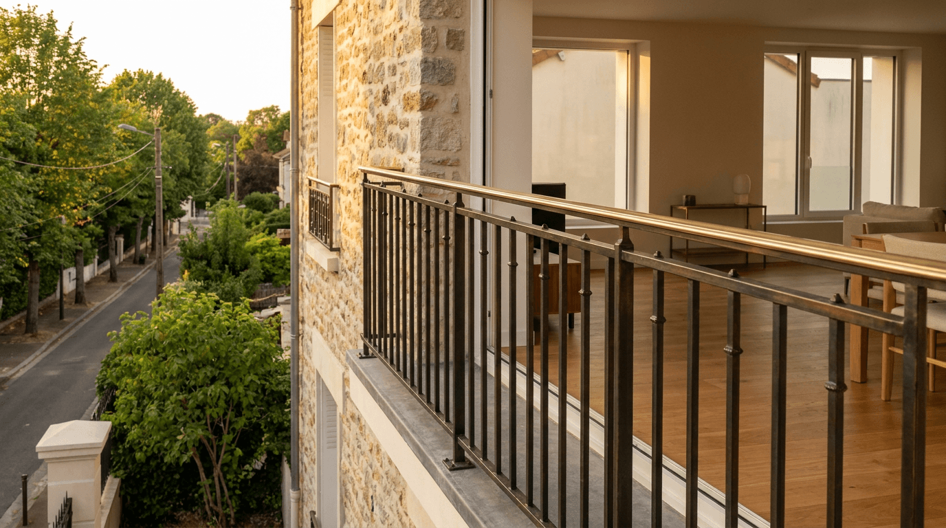 Garde-corps acier S235JR T 40×40 picots + main courante laiton patine bronze — Aulnay-sous-Bois (Seine-Saint-Denis 93, maison rénovée) — AZ Construction Bruyères-sur-Oise — NF P01-012