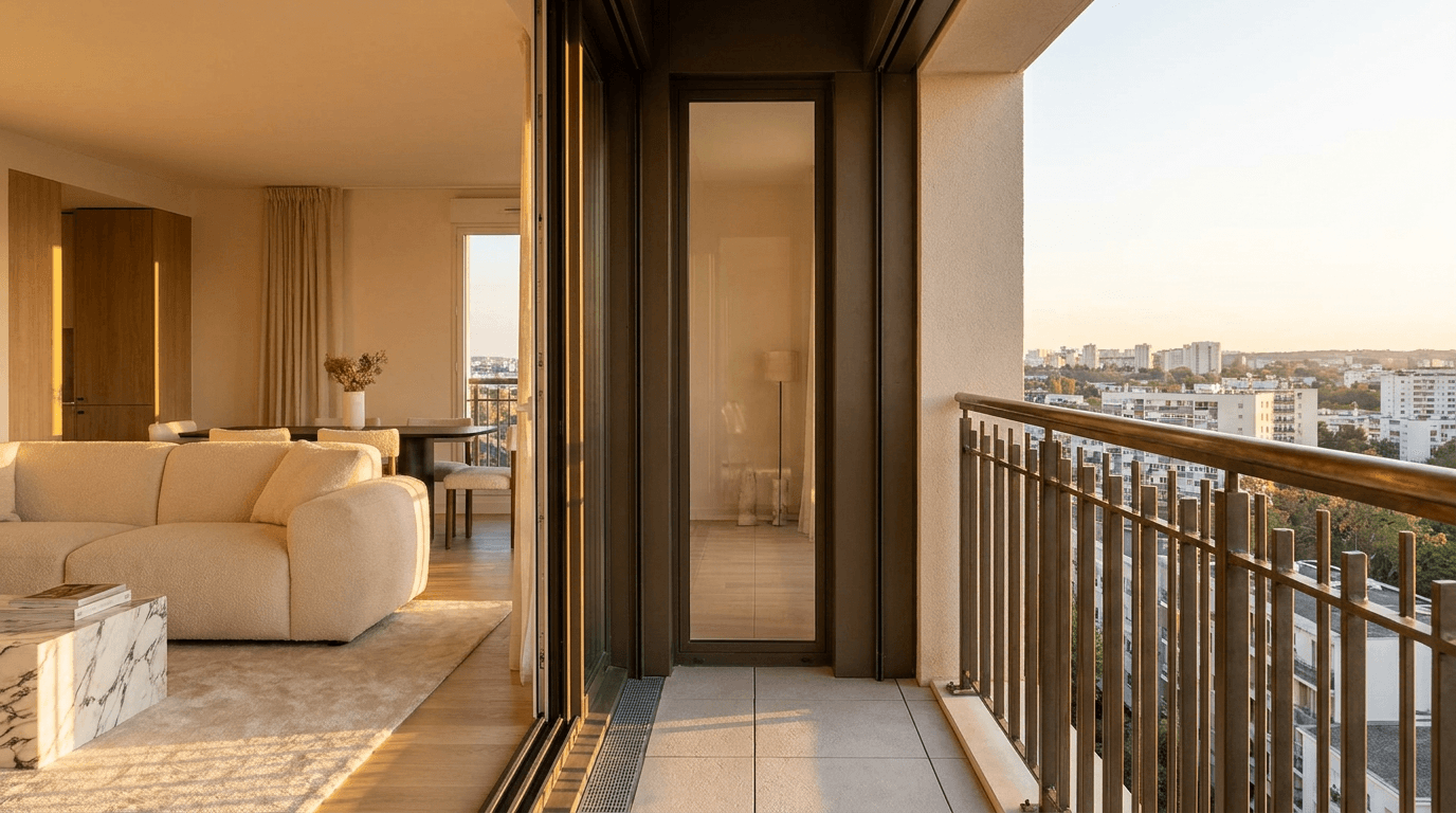 Garde-corps acier S235JR T 40×40 picots + main courante laiton patine bronze — Noisy-le-Grand (Seine-Saint-Denis 93, apt contemporain) — AZ Construction Bruyères-sur-Oise — NF P01-012