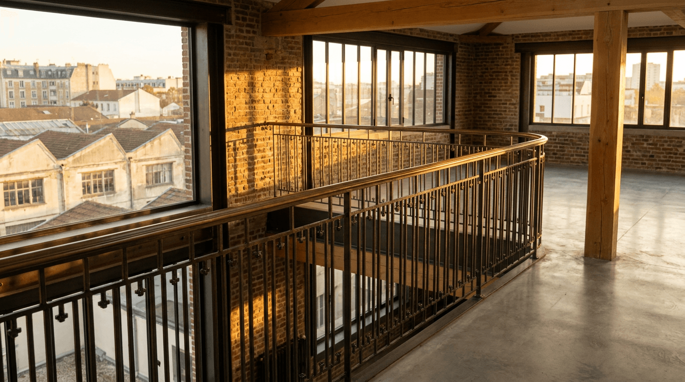 Garde-corps acier S235JR T 40×40 picots + main courante laiton patine bronze — Aubervilliers (Seine-Saint-Denis 93, loft industriel) — AZ Construction Bruyères-sur-Oise — NF P01-012