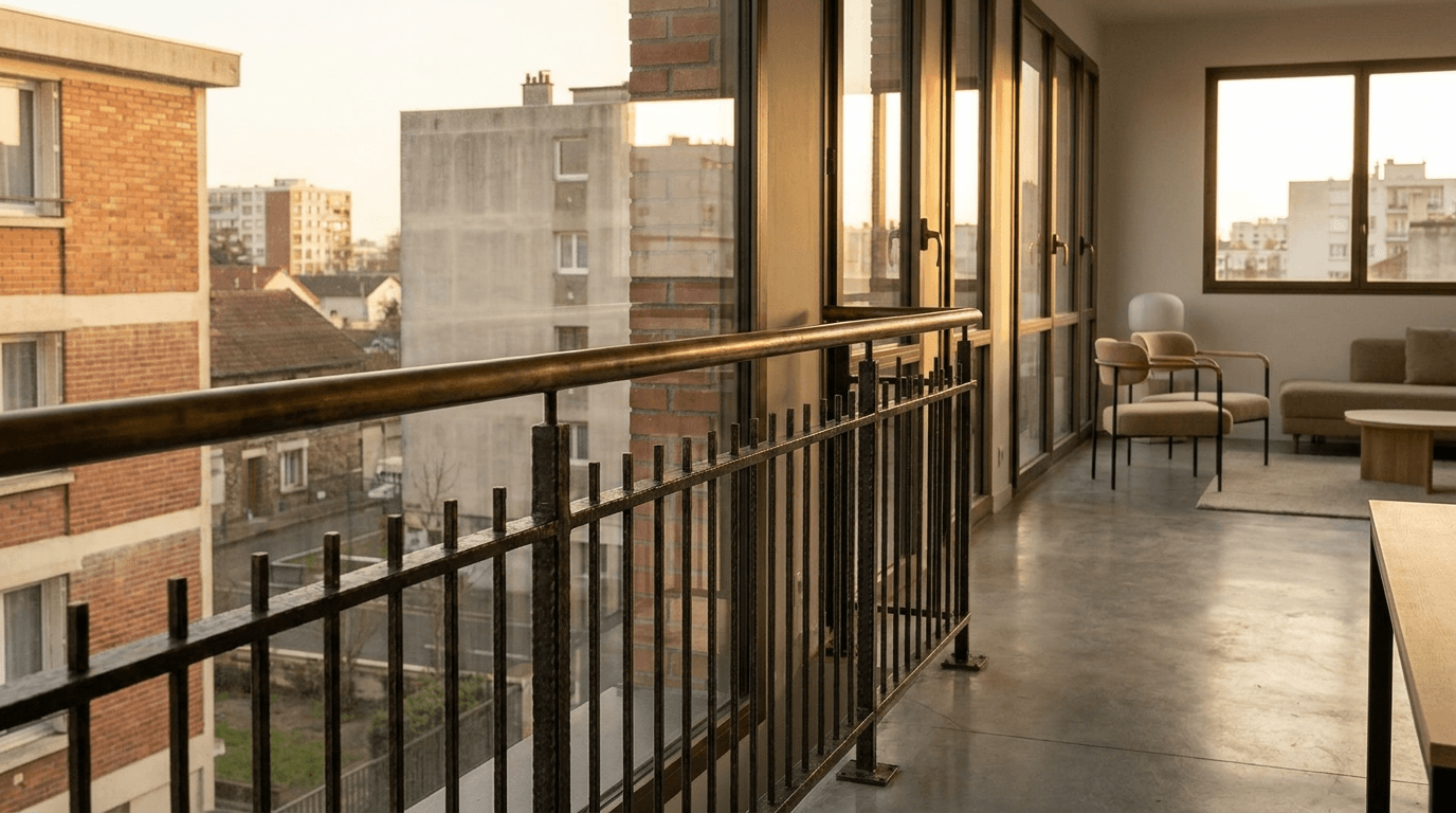 Garde-corps acier S235JR T 40×40 picots + main courante laiton patine bronze — Bobigny (Seine-Saint-Denis 93, apt rénové) — AZ Construction Bruyères-sur-Oise — NF P01-012