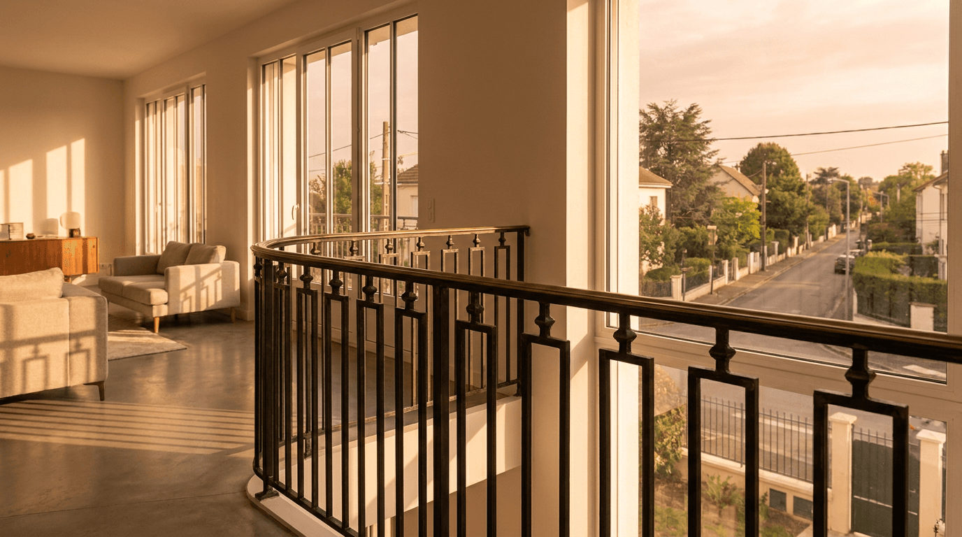 Garde-corps acier S235JR T 40×40 picots + main courante laiton patine bronze — Drancy (Seine-Saint-Denis 93, maison rénovée) — AZ Construction Bruyères-sur-Oise — NF P01-012
