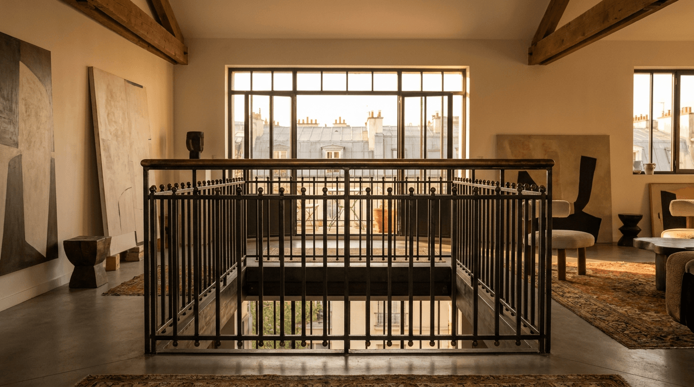 Garde-corps acier S235JR T 40×40 picots + main courante laiton patine bronze — Montreuil (Seine-Saint-Denis 93, loft artiste) — AZ Construction Bruyères-sur-Oise — NF P01-012