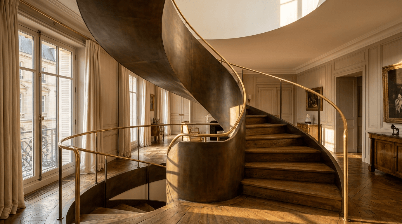 Escalier hélicoïdal acier S235JR spirale patine bronze + marches chêne massif parquet versailles + main courante laiton — Paris 6e arrondissement Saint-Germain-des-Prés — AZ Construction Bruyères-sur-Oise — DTU 36.3 hélicoïdal