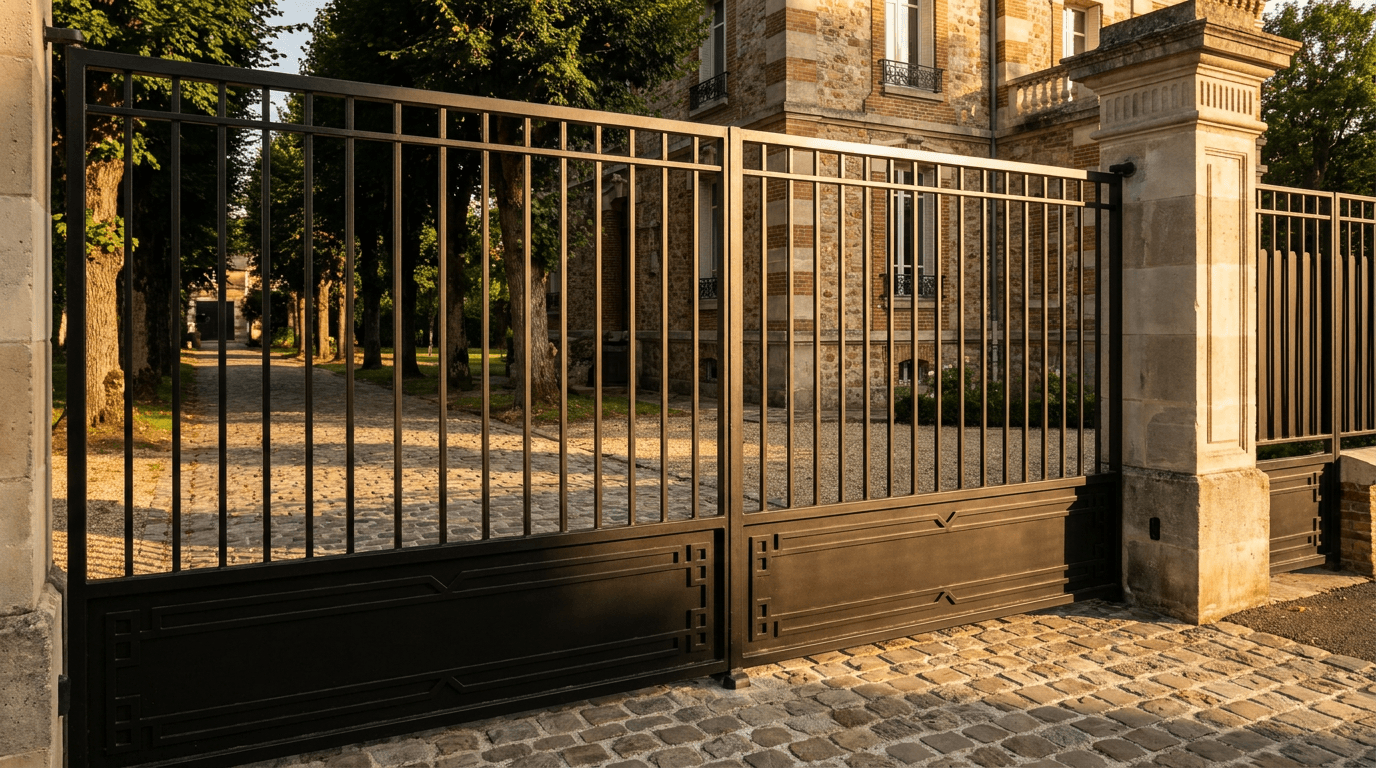Portail acier S235JR galvanisé + thermolaqué Qualicoat noir RAL 9005 double battant — Brunoy (Essonne 91, Belle Époque villa) — AZ Construction Bruyères-sur-Oise — DTU 34.1