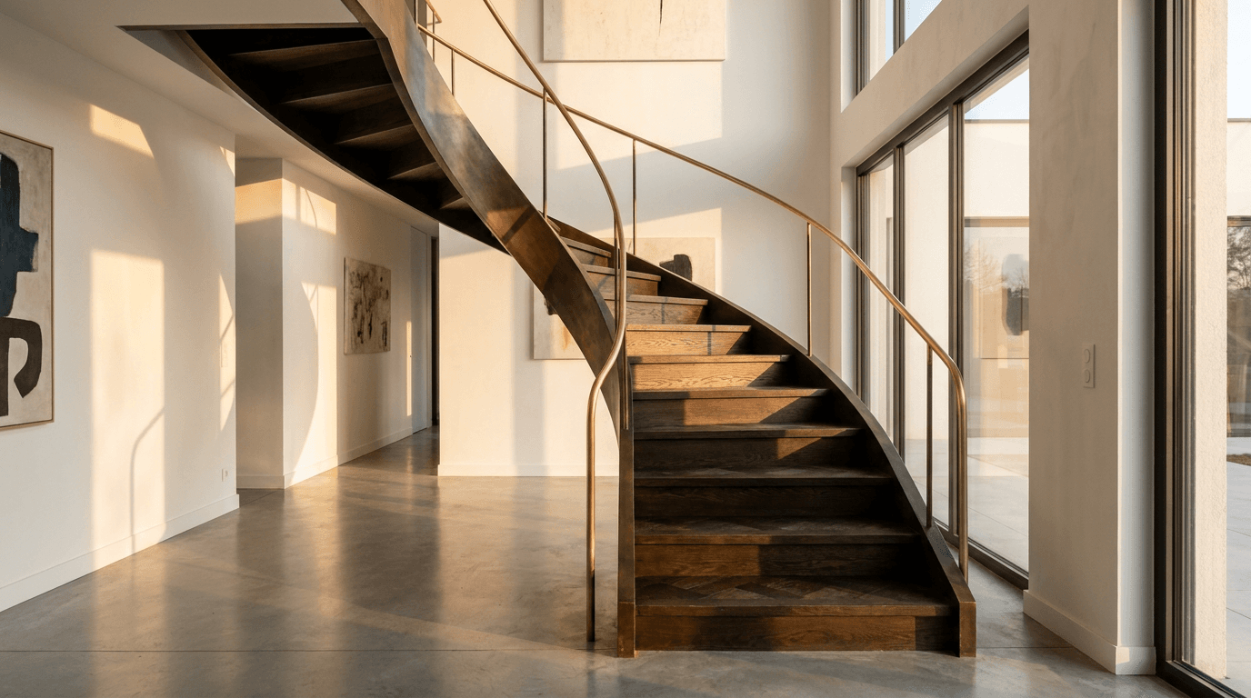 Escalier acier S235JR limon central patine bronze + marches chêne massif point de Hongrie + main courante laiton — Bussy-Saint-Georges (Seine-et-Marne 77, villa contemporaine) — AZ Construction Bruyères-sur-Oise — DTU 36.3