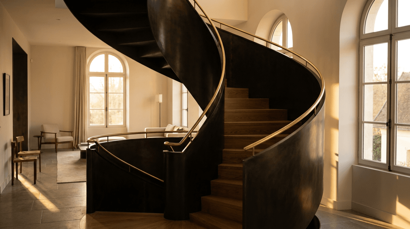 Escalier acier S235JR limon central patine bronze + marches chêne massif point de Hongrie + main courante laiton — Coulommiers (Seine-et-Marne 77, maison rénovée) — AZ Construction Bruyères-sur-Oise — DTU 36.3