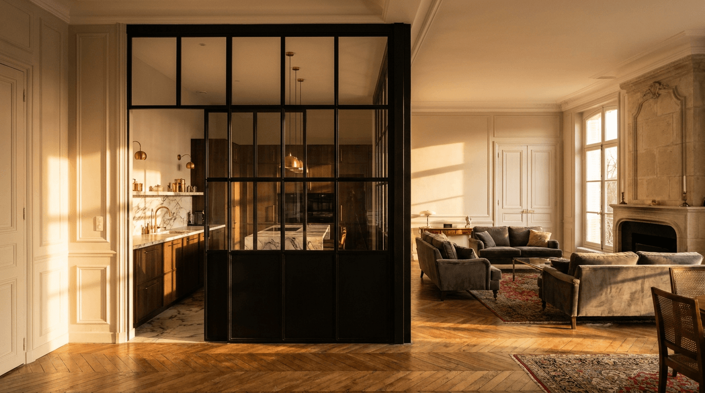 Verrière atelier acier S235JR thermolaqué noir mat RAL 9005 + verre clair trempé 6mm grille 4x6 — Maisons-Laffitte (Yvelines 78, mansion hippodrome) — AZ Construction Bruyères-sur-Oise — Soudure TIG niveau pro
