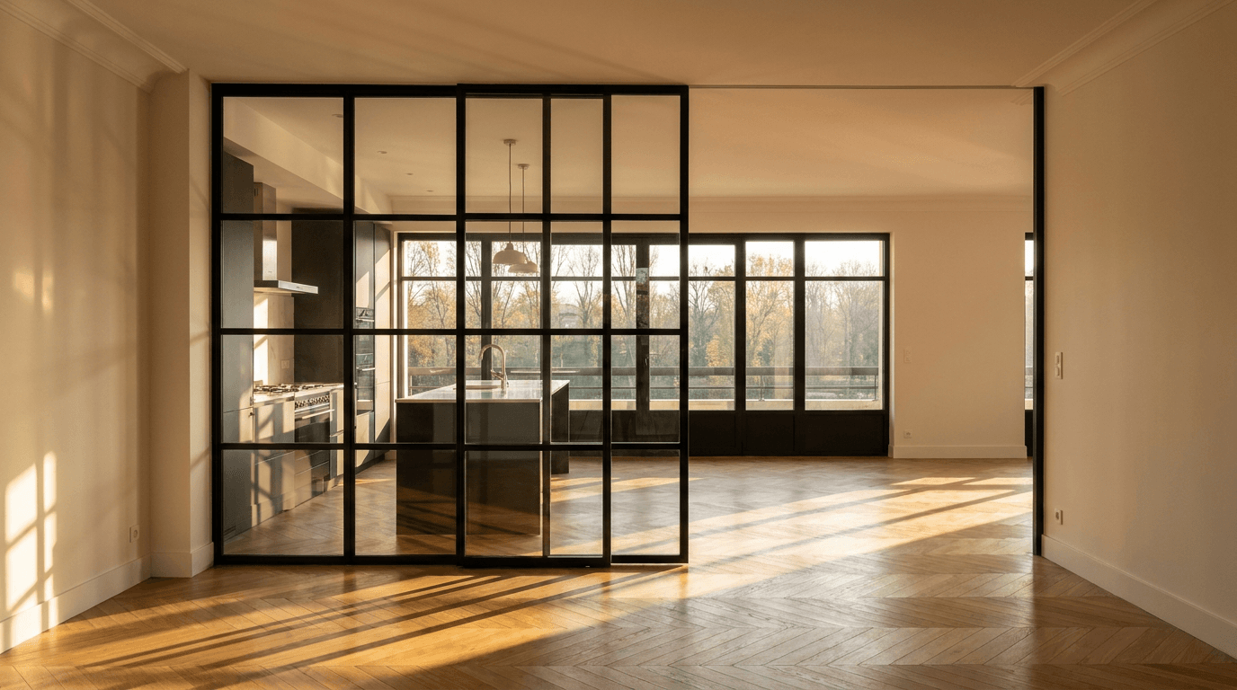 Verrière atelier acier S235JR thermolaqué noir mat RAL 9005 + verre clair trempé 6mm grille 4x6 — Poissy (Yvelines 78, maison bord Seine) — AZ Construction Bruyères-sur-Oise — Soudure TIG niveau pro