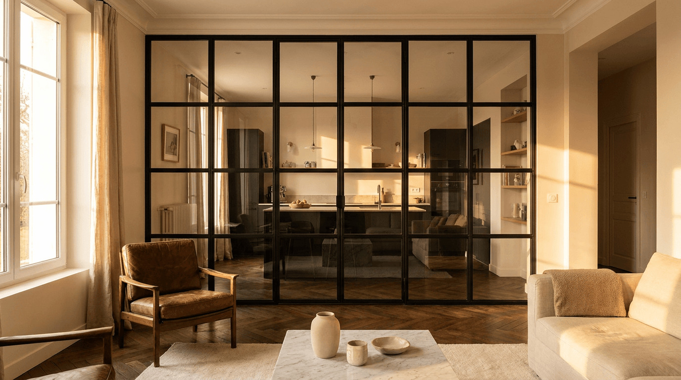 Verrière atelier acier S235JR thermolaqué noir mat RAL 9005 + verre clair trempé 6mm grille 4x6 — Plaisir (Yvelines 78, maison rénovée) — AZ Construction Bruyères-sur-Oise — Soudure TIG niveau pro