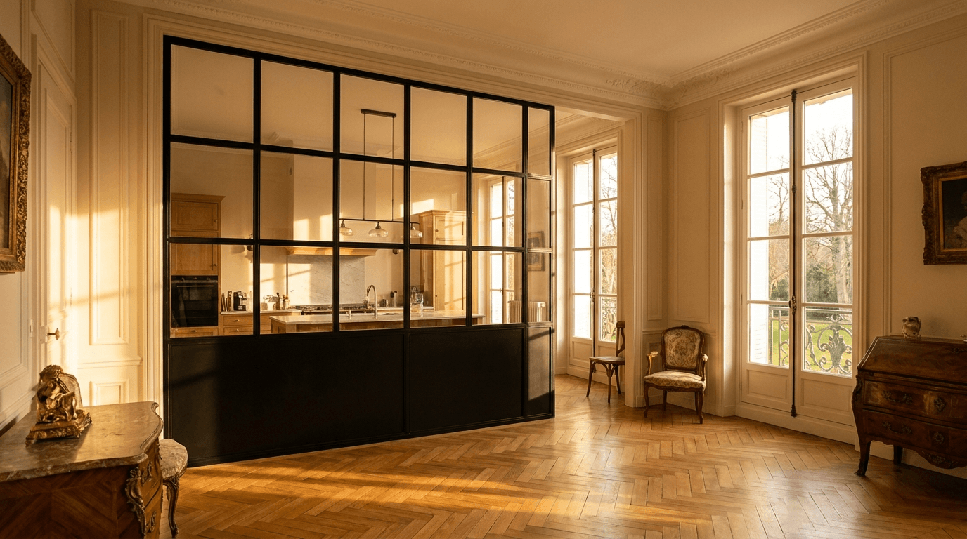 Verrière atelier acier S235JR thermolaqué noir mat RAL 9005 + verre clair trempé 6mm grille 4x6 — Louveciennes (Yvelines 78, Belle Époque villa) — AZ Construction Bruyères-sur-Oise — Soudure TIG niveau pro