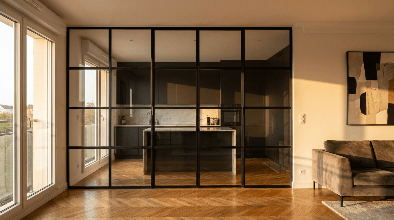 Verrière atelier acier S235JR thermolaqué noir mat RAL 9005 + verre clair trempé 6mm grille 4x6 — Montigny-le-Bretonneux (Yvelines 78, apt contemporain) — AZ Construction Bruyères-sur-Oise — Soudure TIG niveau pro
