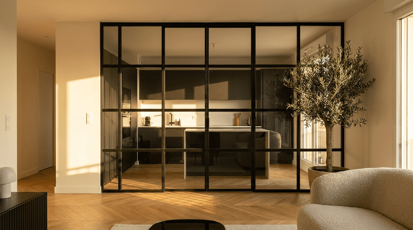 Verrière atelier acier S235JR thermolaqué noir mat RAL 9005 + verre clair trempé 6mm grille 4x6 — Vélizy-Villacoublay (Yvelines 78, apt contemporain) — AZ Construction Bruyères-sur-Oise — Soudure TIG niveau pro