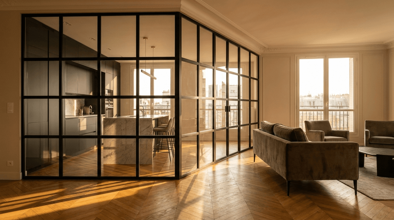 Verrière atelier acier S235JR thermolaqué noir mat RAL 9005 + verre clair trempé 6mm grille 4x6 — Trappes (Yvelines 78, apt rénové) — AZ Construction Bruyères-sur-Oise — Soudure TIG niveau pro