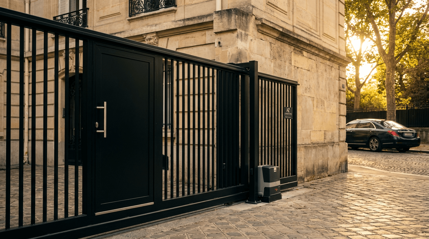 Portail coulissant motorisé Came BX-241 acier S235JR + barreaudage T 30×30 + portillon assorti — Paris 7e — AZ Construction Bruyères-sur-Oise — EN 13241