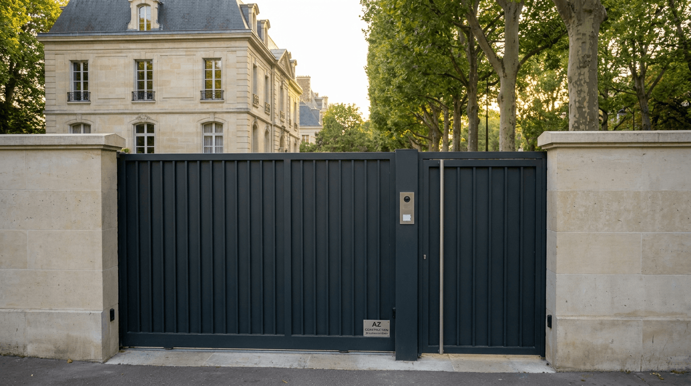 Portail coulissant motorisé Nice TWS40 acier S235JR + barreaudage T 30×30 + portillon assorti — Paris 16e Avenue Foch — AZ Construction Bruyères-sur-Oise — EN 13241
