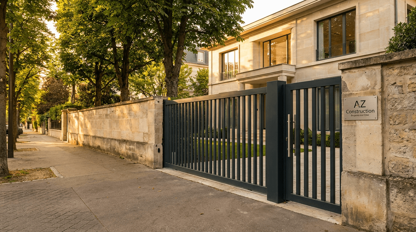 Portail coulissant motorisé Nice TWS40 acier S235JR + barreaudage T 30×30 + portillon assorti — Neuilly-sur-Seine (Hauts-de-Seine 92) — AZ Construction Bruyères-sur-Oise — EN 13241