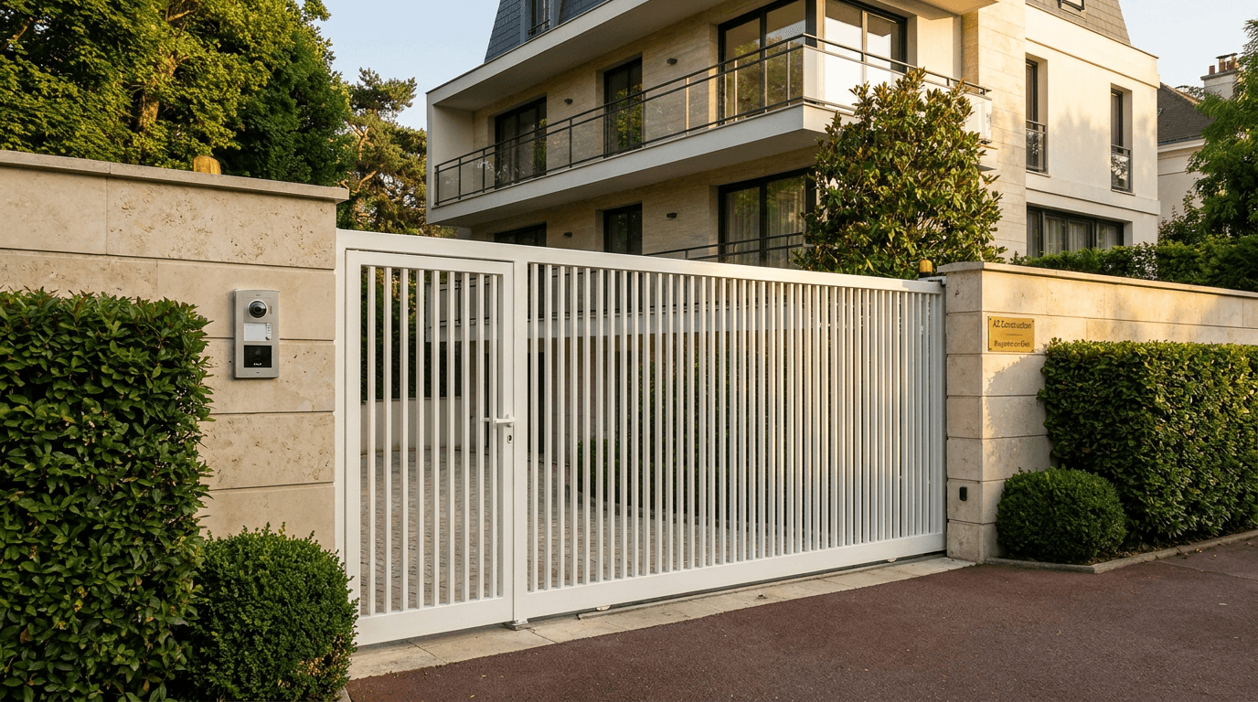 Portail coulissant motorisé Came BX-241 acier S235JR blanc RAL 9010 + barreaudage T 30×30 + portillon assorti — Boulogne-Billancourt (Hauts-de-Seine 92) — AZ Construction Bruyères-sur-Oise — EN 13241