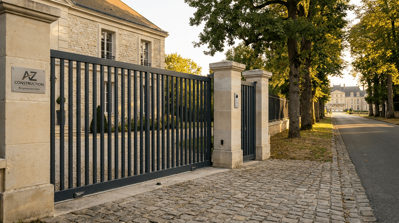 Portail coulissant motorisé Nice TWS40 acier S235JR + barreaudage T 30×30 + portillon assorti — Versailles (Yvelines 78) — AZ Construction Bruyères-sur-Oise — EN 13241