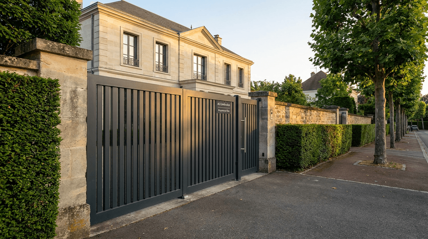 Portail coulissant motorisé Nice TWS40 acier S235JR + barreaudage T 30×30 + portillon assorti — Maisons-Laffitte (Yvelines 78) — AZ Construction Bruyères-sur-Oise — EN 13241