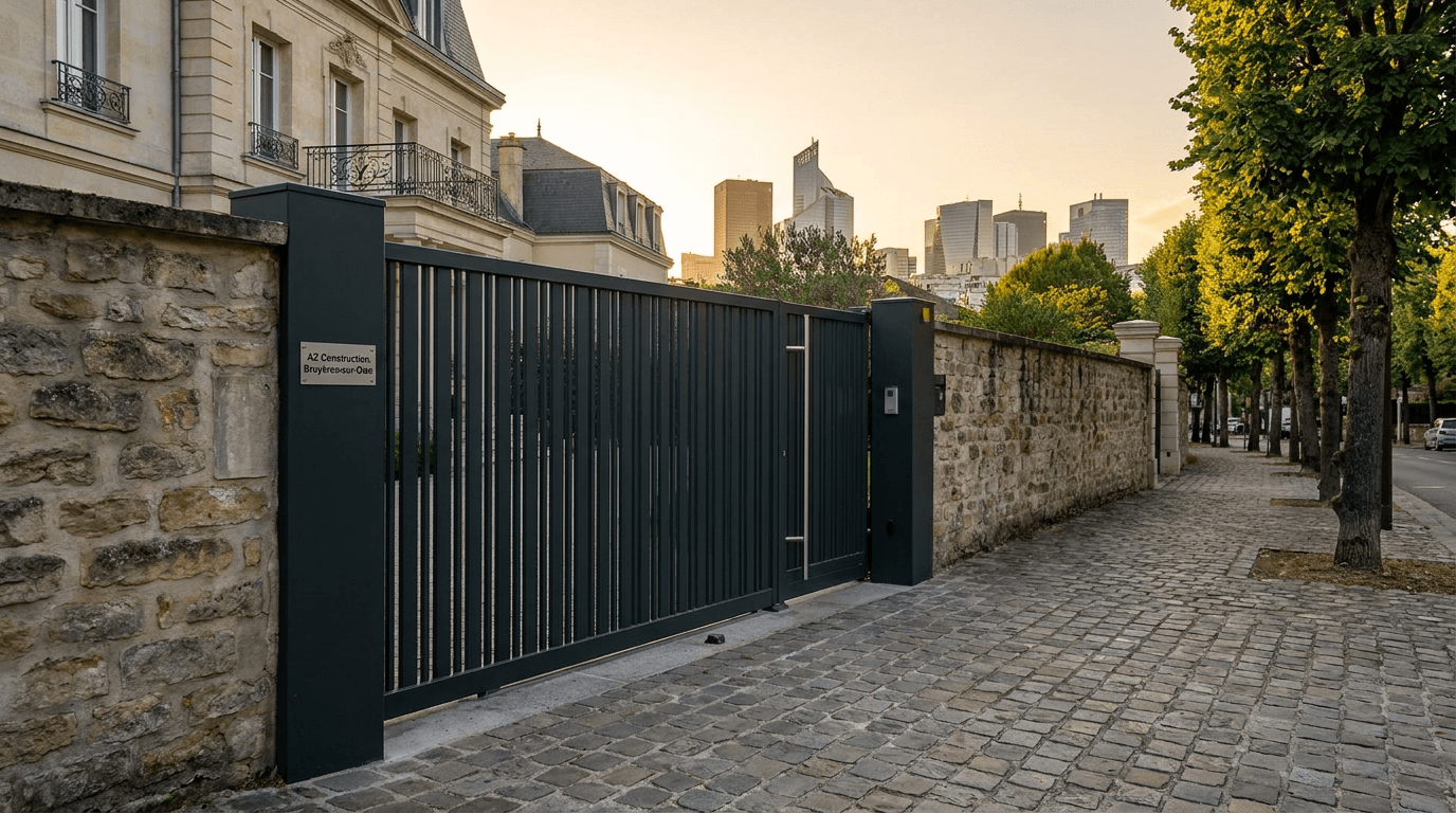 Portail coulissant motorisé Nice TWS40 acier S235JR + barreaudage T 30×30 + portillon assorti — Courbevoie (Hauts-de-Seine 92) — AZ Construction Bruyères-sur-Oise — EN 13241