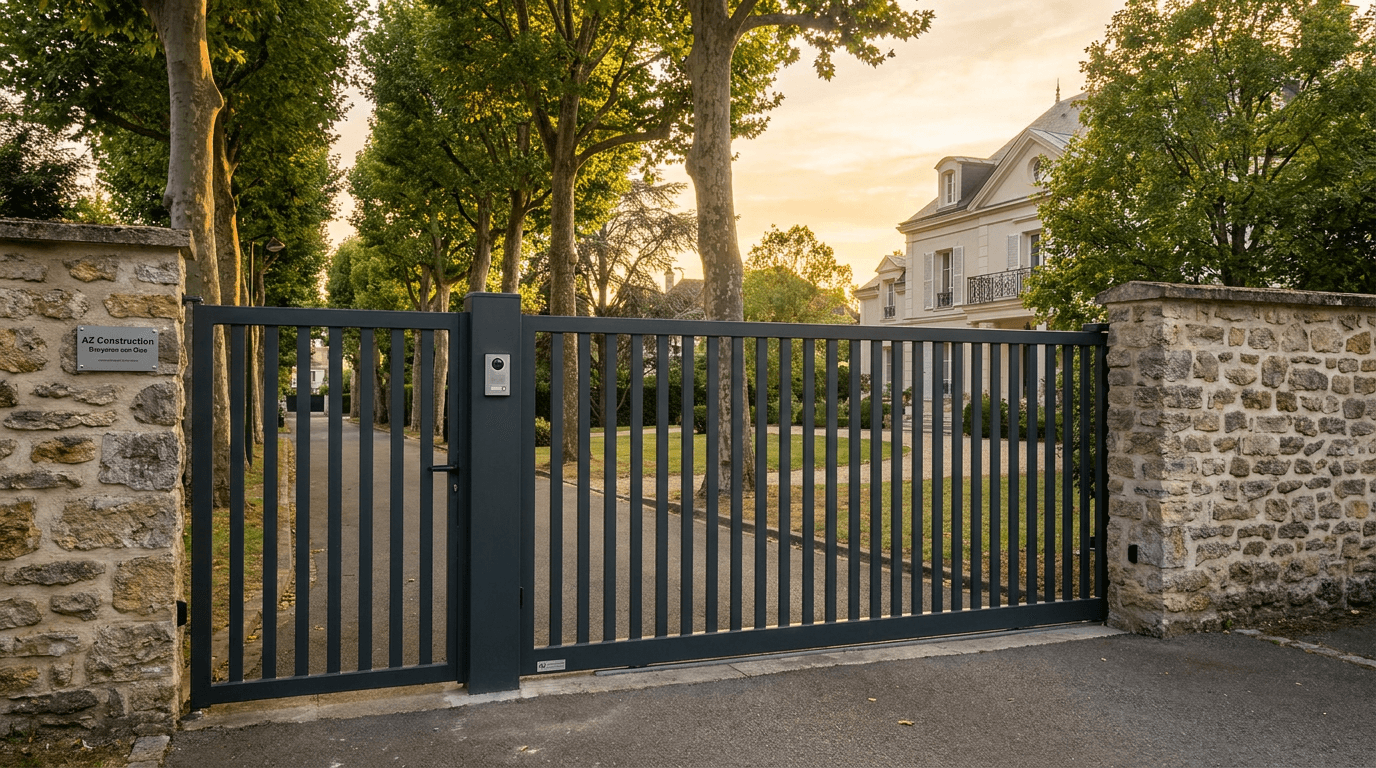 Portail coulissant motorisé Nice TWS40 acier S235JR + barreaudage T 30×30 + portillon assorti — Le Vésinet (Yvelines 78) — AZ Construction Bruyères-sur-Oise — EN 13241