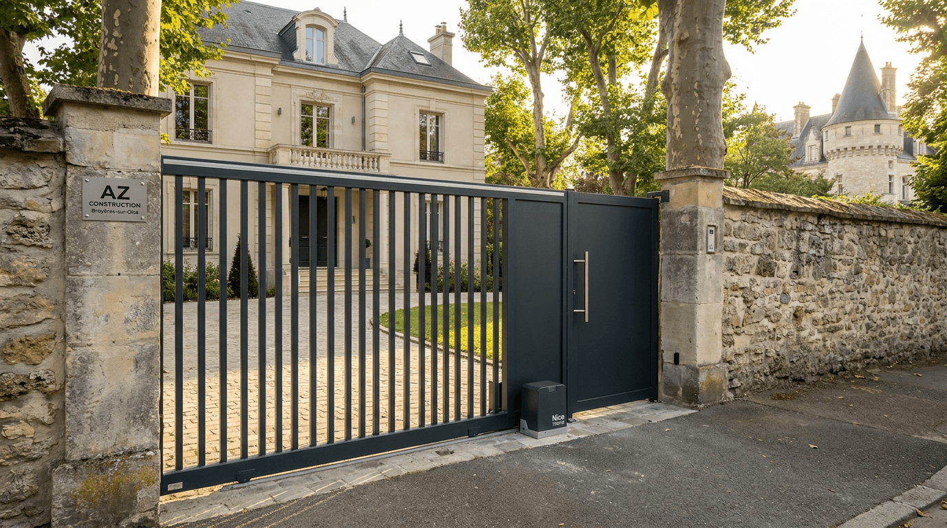 Portail coulissant motorisé Nice TWS40 acier S235JR + barreaudage T 30×30 + portillon assorti — Vincennes (Val-de-Marne 94) — AZ Construction Bruyères-sur-Oise — EN 13241