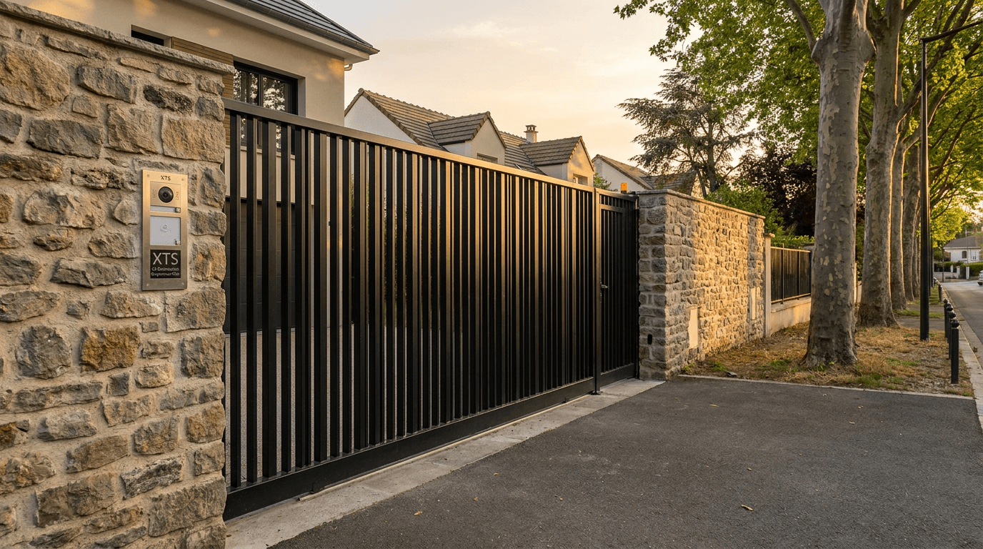 Portail coulissant motorisé Came BX-241 acier S235JR + barreaudage T 30×30 + portillon assorti — Saint-Maur-des-Fossés (Val-de-Marne 94) — AZ Construction Bruyères-sur-Oise — EN 13241