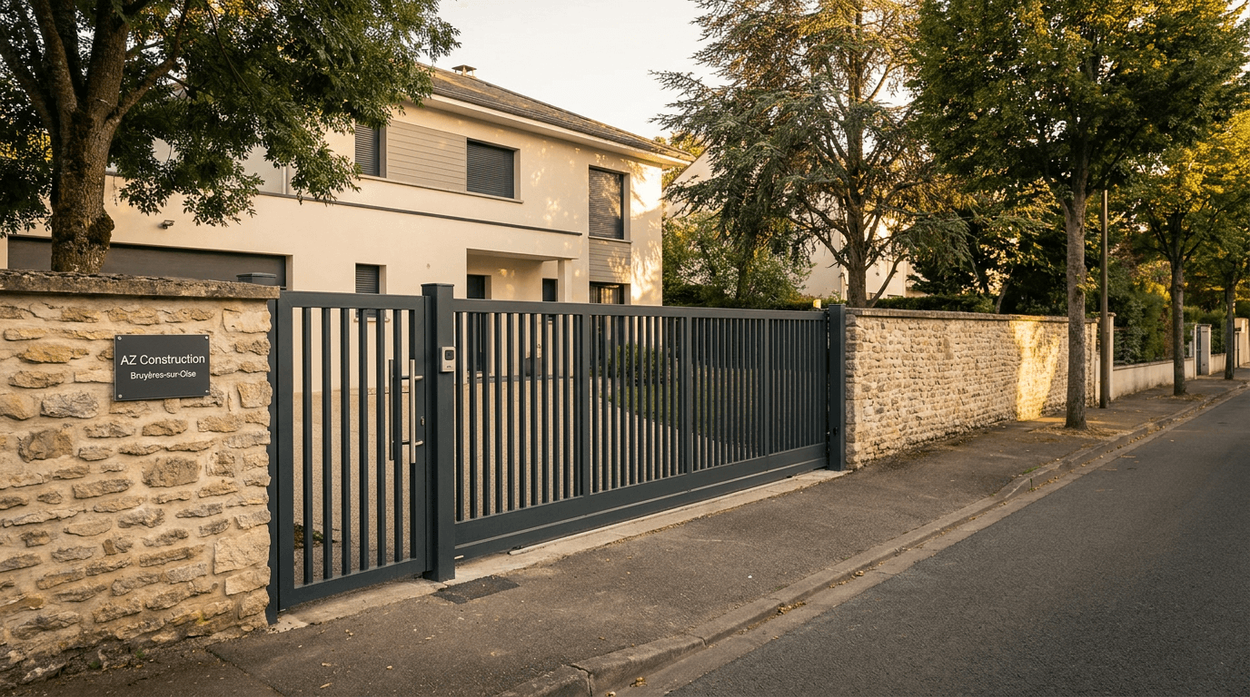 Portail coulissant motorisé Nice TWS40 acier S235JR + barreaudage T 30×30 + portillon assorti — Créteil (Val-de-Marne 94) — AZ Construction Bruyères-sur-Oise — EN 13241