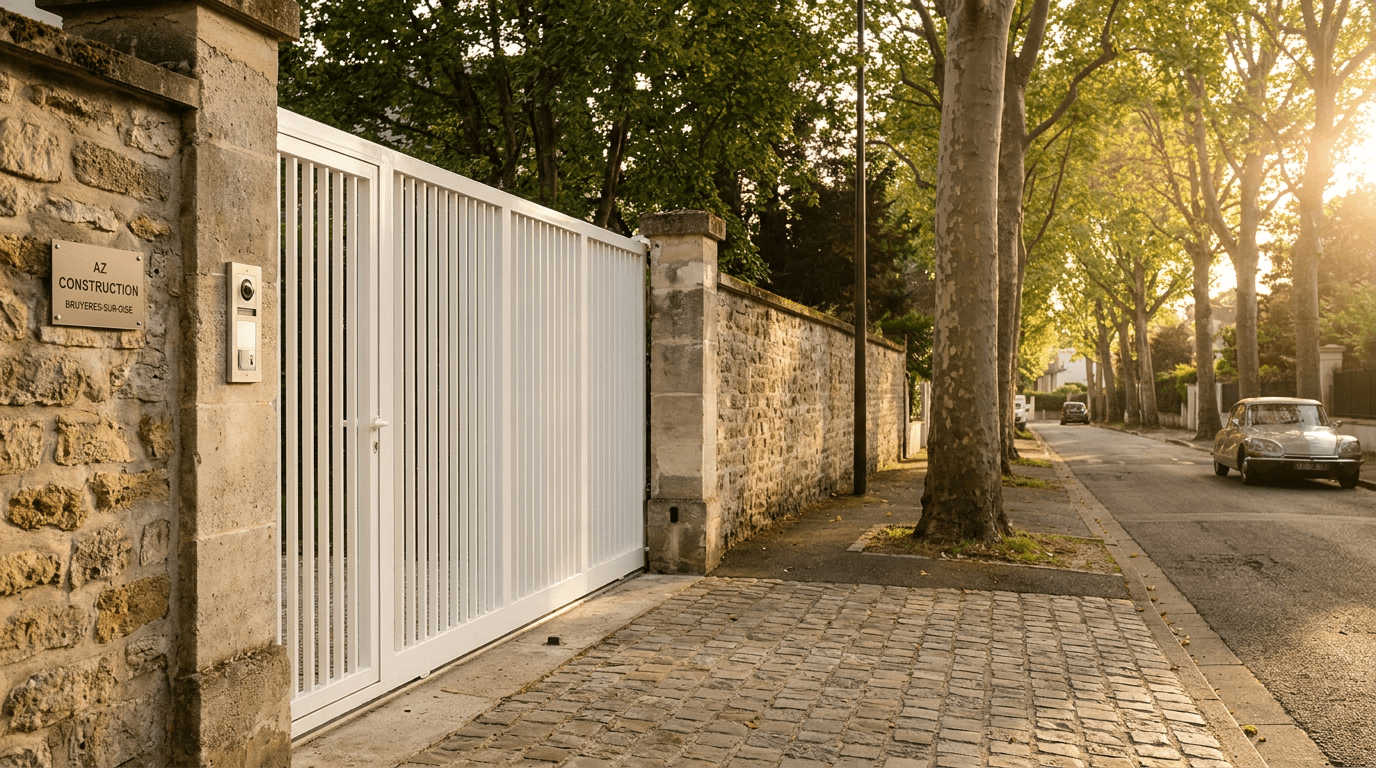 Portail coulissant motorisé Came BX-241 acier S235JR blanc RAL 9010 + barreaudage T 30×30 + portillon assorti — Fontenay-sous-Bois (Val-de-Marne 94) — AZ Construction Bruyères-sur-Oise — EN 13241
