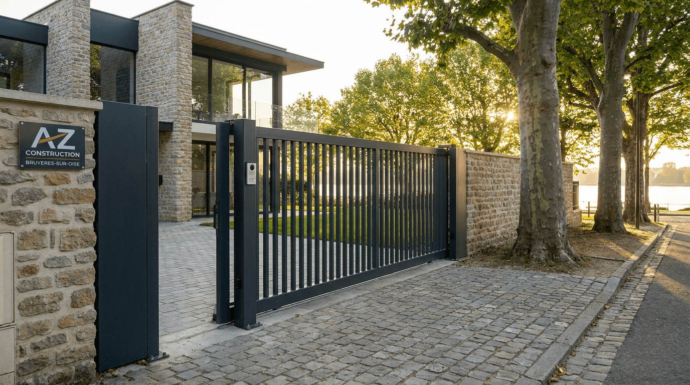 Portail coulissant motorisé Nice TWS40 acier S235JR + barreaudage T 30×30 + portillon assorti — Enghien-les-Bains (Val-d'Oise 95) — AZ Construction Bruyères-sur-Oise — EN 13241