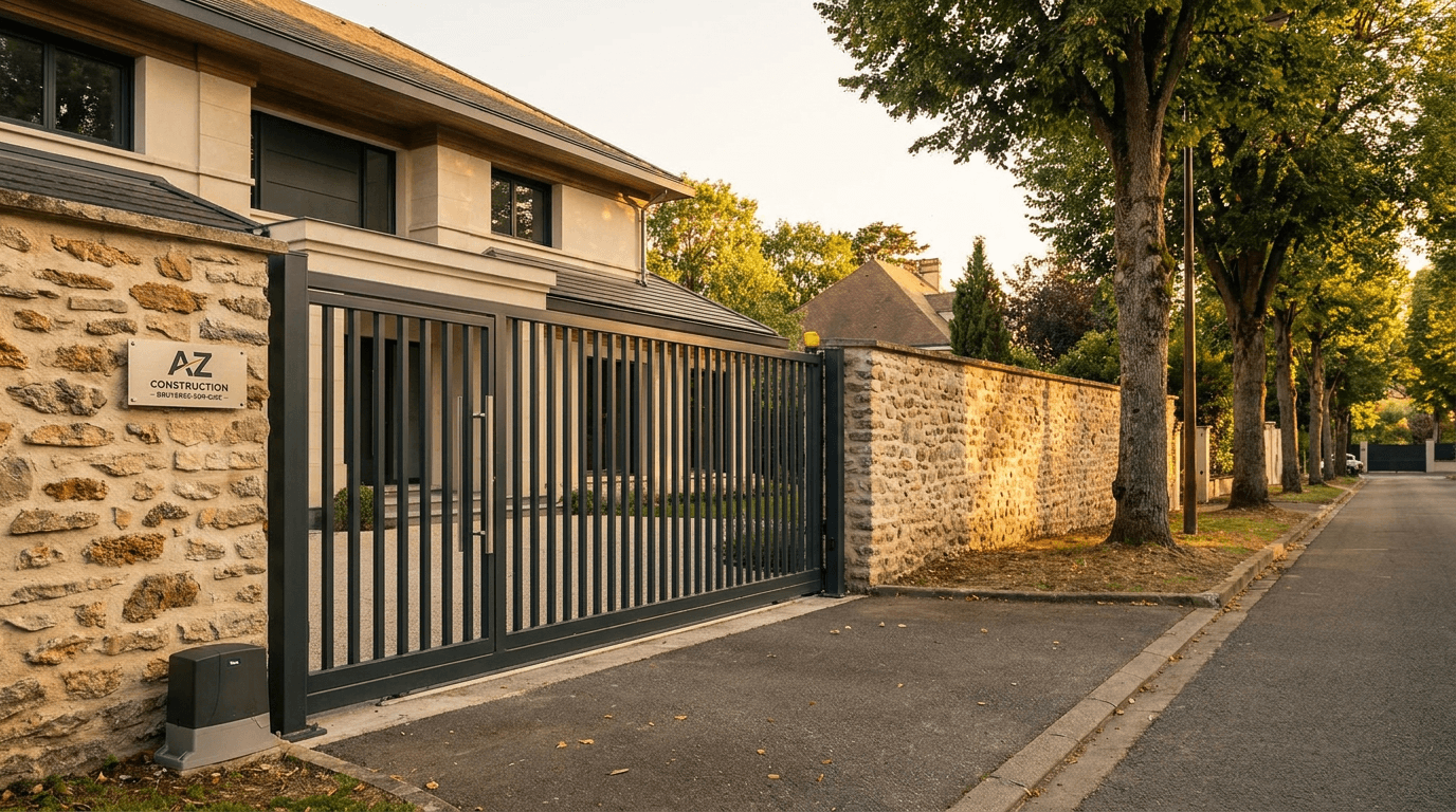 Portail coulissant motorisé Nice TWS40 acier S235JR + barreaudage T 30×30 + portillon assorti — Pontoise (Val-d'Oise 95) — AZ Construction Bruyères-sur-Oise — EN 13241