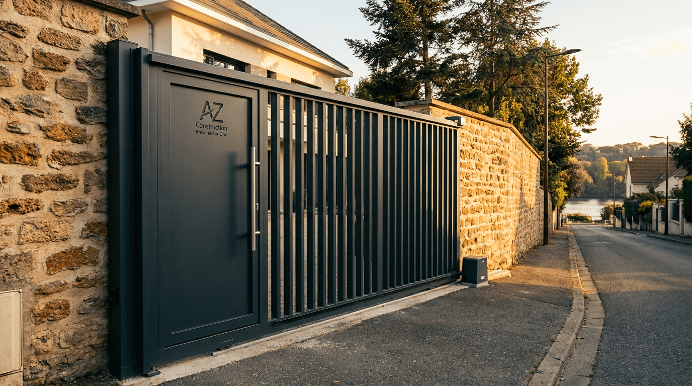 Portail coulissant motorisé Nice TWS40 acier S235JR + barreaudage T 30×30 + portillon assorti — Noisy-le-Grand (Seine-Saint-Denis 93) — AZ Construction Bruyères-sur-Oise — EN 13241