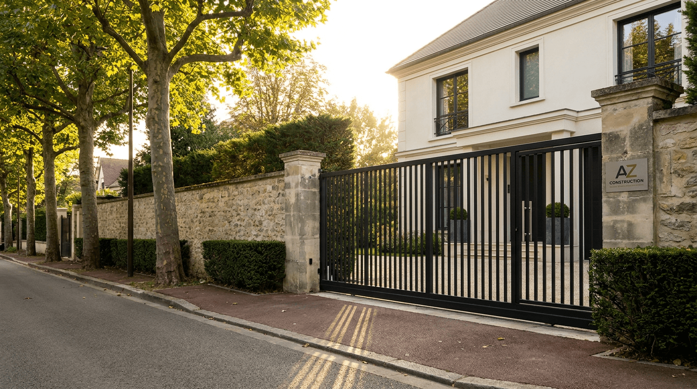Portail autoportant cantilever motorisé Came BX-241 acier S235JR poutre 80×80 + barreaudage T 30×30 + portillon assorti — Saint-Cloud (Hauts-de-Seine 92) — AZ Construction Bruyères-sur-Oise — EN 13241