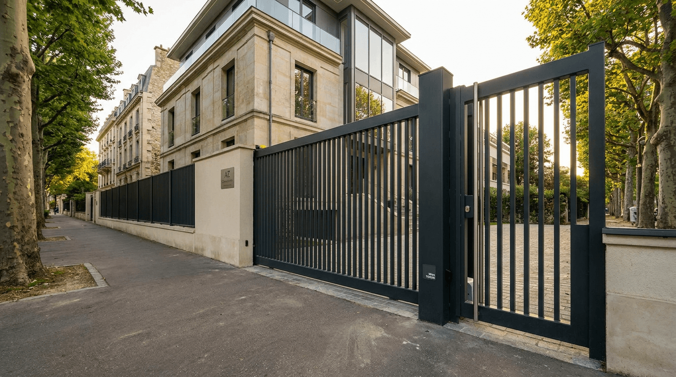 Portail autoportant cantilever motorisé Nice TWS40 acier S235JR poutre 80×80 + barreaudage T 30×30 + portillon assorti — Neuilly-sur-Seine (Hauts-de-Seine 92) — AZ Construction Bruyères-sur-Oise — EN 13241